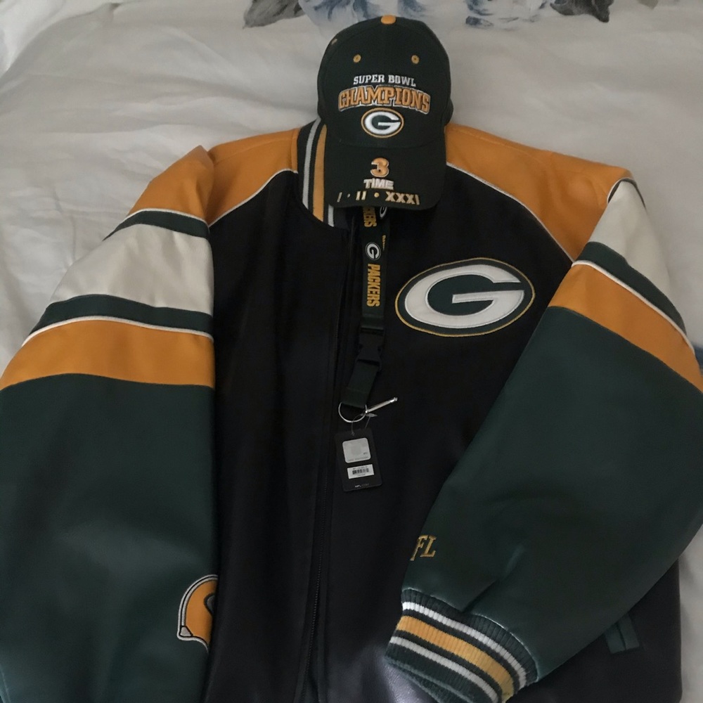 Green Bay leather coat, Hat,  Lanyard.